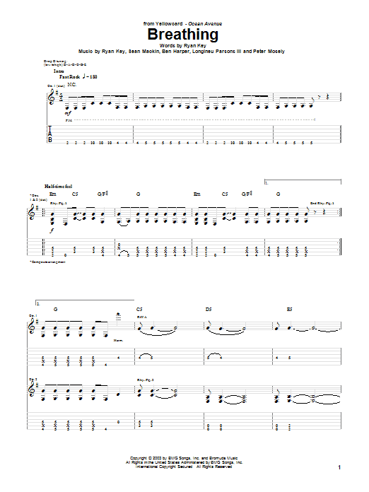 Download Yellowcard Breathing Sheet Music and learn how to play Guitar Tab PDF digital score in minutes