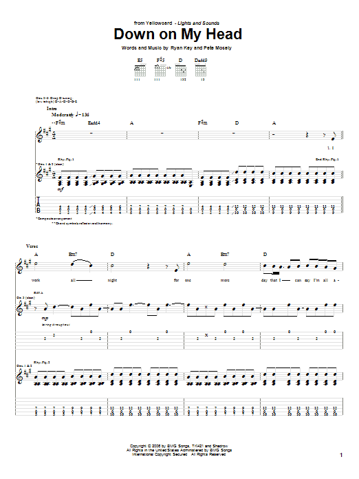 Download Yellowcard Down On My Head Sheet Music and learn how to play Guitar Tab PDF digital score in minutes