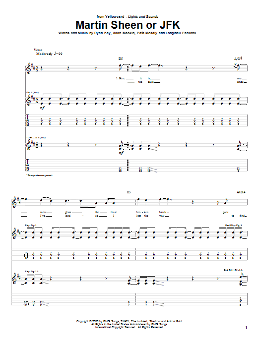 Download Yellowcard Martin Sheen Or JFK Sheet Music and learn how to play Guitar Tab PDF digital score in minutes