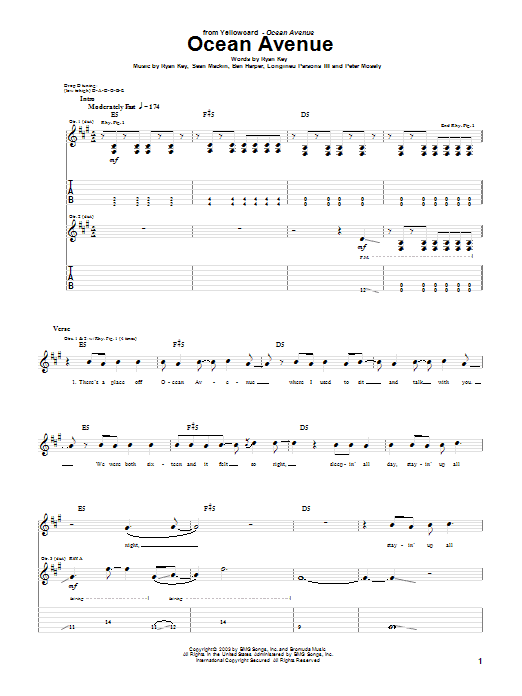 Download Yellowcard Ocean Avenue Sheet Music and learn how to play Easy Guitar Tab PDF digital score in minutes