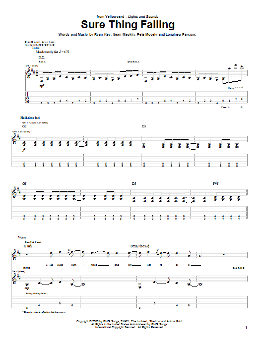 Download Yellowcard Sure Thing Falling Sheet Music and learn how to play Guitar Tab PDF digital score in minutes