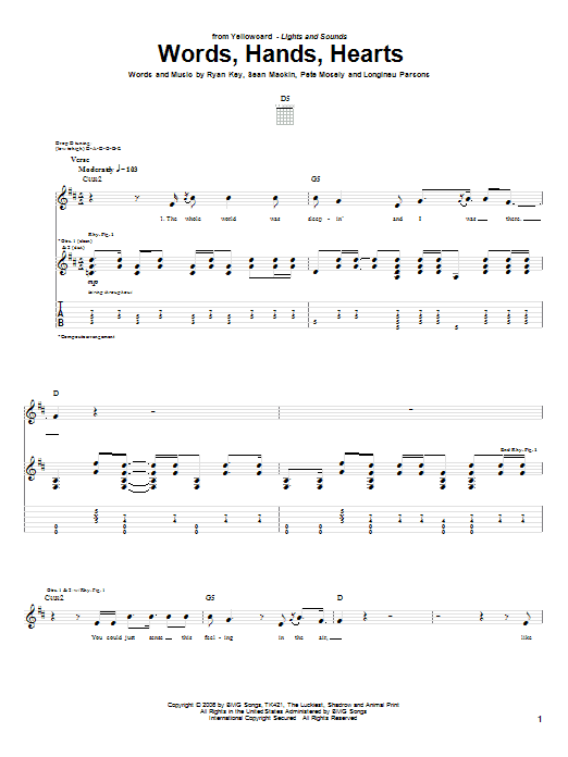 Download Yellowcard Words, Hands, Hearts Sheet Music and learn how to play Guitar Tab PDF digital score in minutes