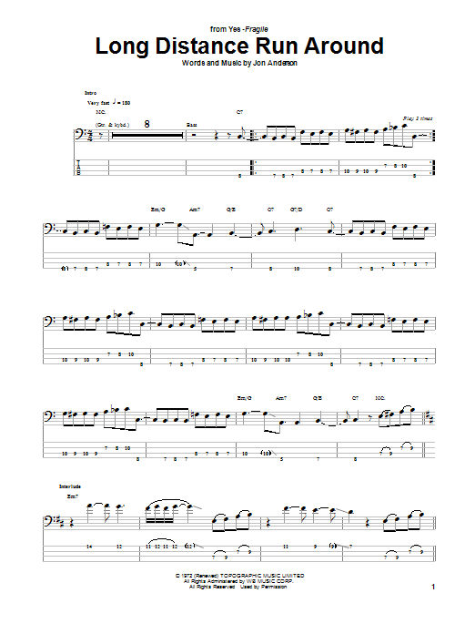 Download Yes Long Distance Run Around Sheet Music and learn how to play Bass Guitar Tab PDF digital score in minutes
