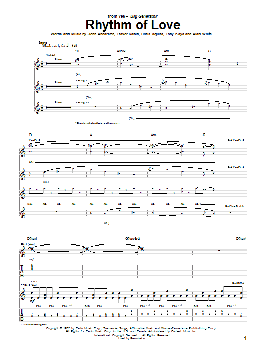 Download Yes Rhythm Of Love Sheet Music and learn how to play Guitar Tab PDF digital score in minutes