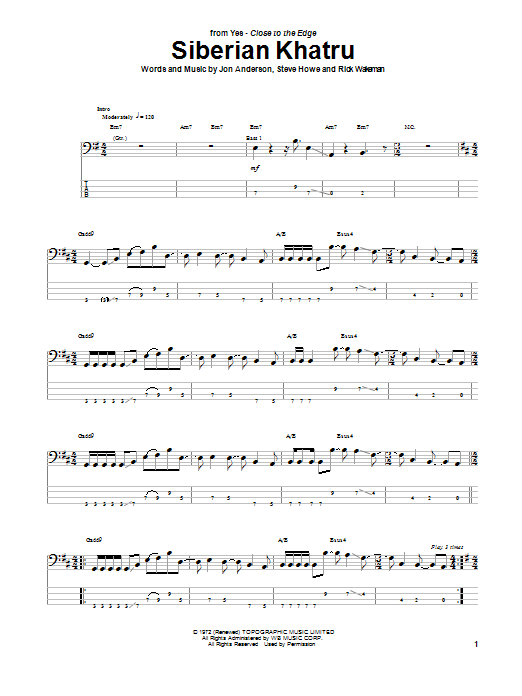 Download Yes Siberian Khatru Sheet Music and learn how to play Bass Guitar Tab PDF digital score in minutes
