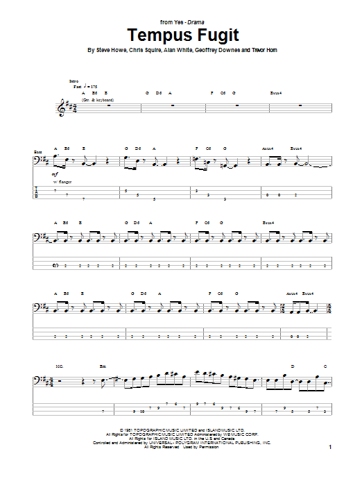 Download Yes Tempus Fugit Sheet Music and learn how to play Bass Guitar Tab PDF digital score in minutes
