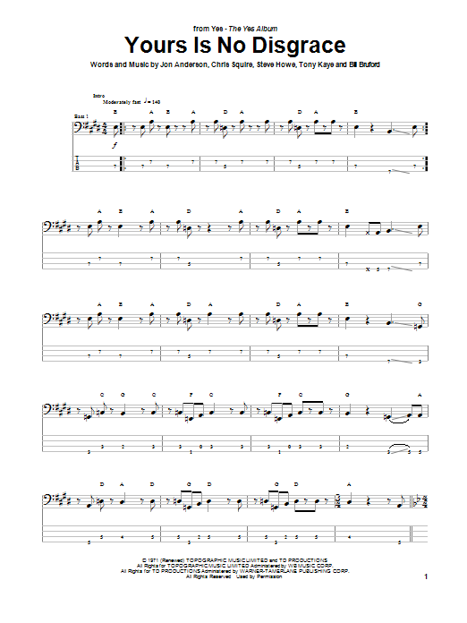 Download Yes Yours Is No Disgrace Sheet Music and learn how to play Bass Guitar Tab PDF digital score in minutes