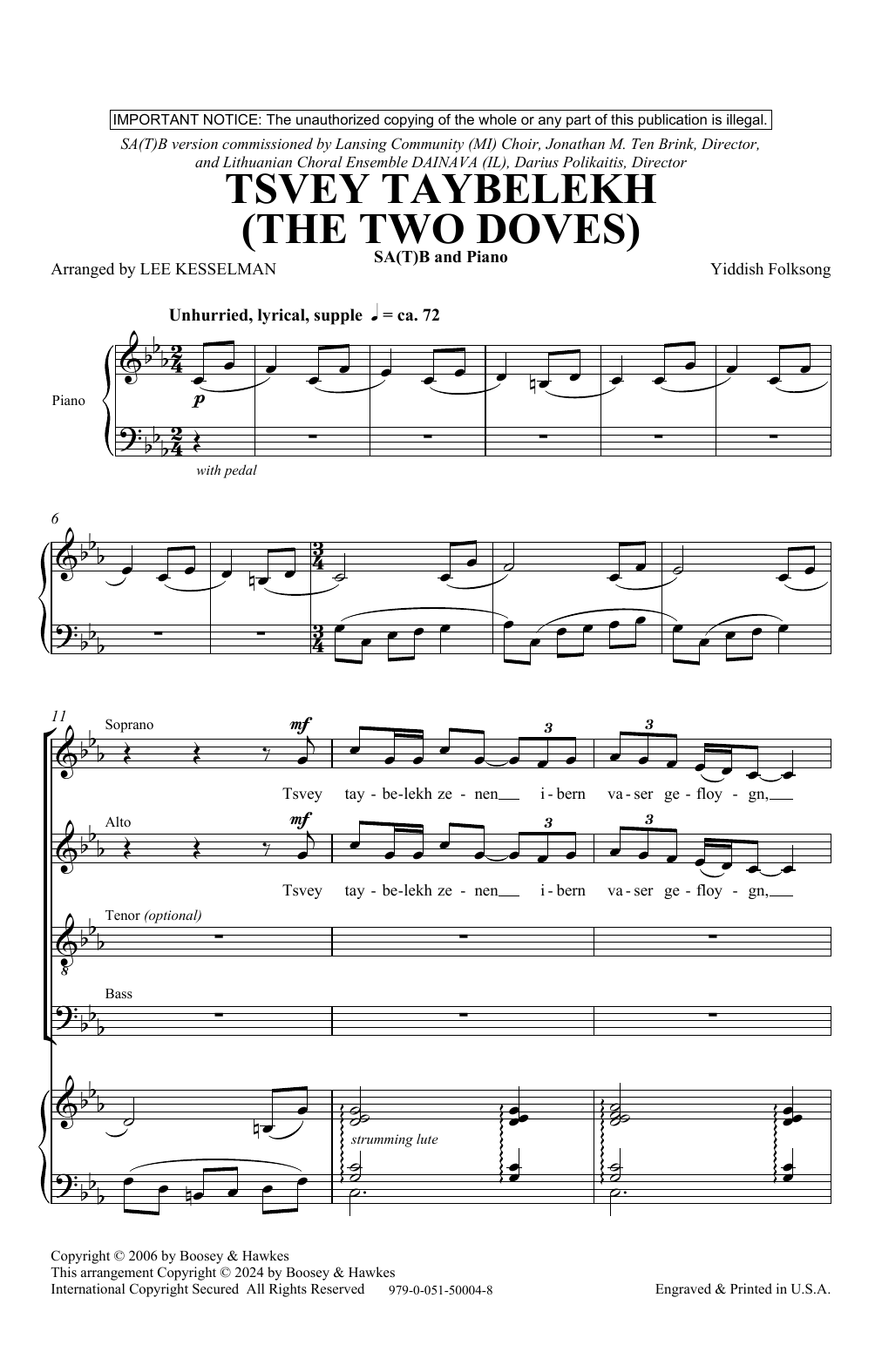 Download Yiddish Folksong Tsvey Taybelekh (The Two Doves) (arr. Lee R. Kesselman) Sheet Music and learn how to play SATB Choir PDF digital score in minutes