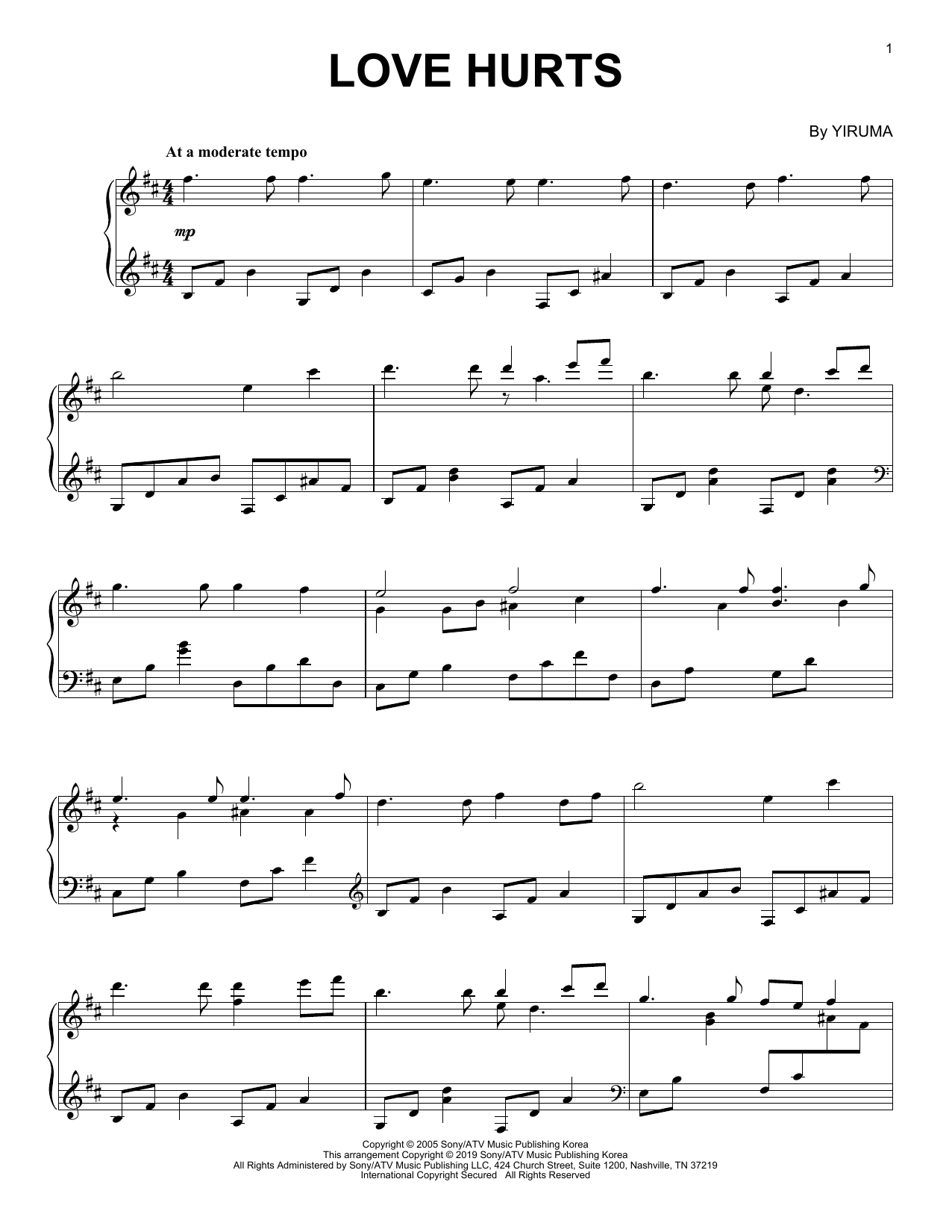 Download Yiruma Love Hurts Sheet Music and learn how to play Piano Solo PDF digital score in minutes