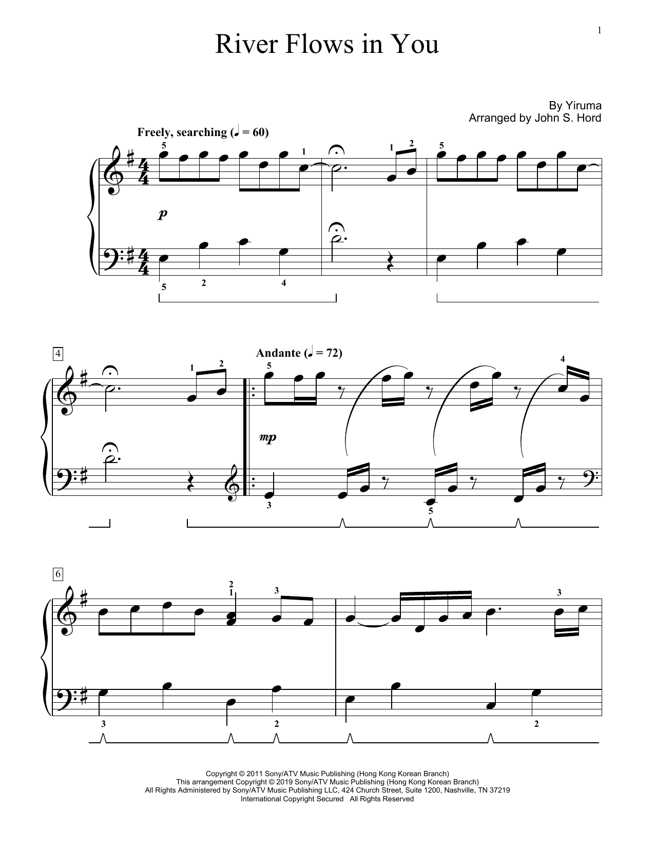 Download Yiruma River Flows In You (arr. John S. Hord) Sheet Music and learn how to play Educational Piano PDF digital score in minutes