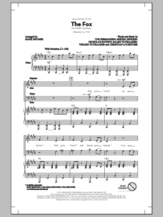 Download Ylvis The Fox (arr. Mark Brymer) Sheet Music and learn how to play 3-Part Mixed PDF digital score in minutes