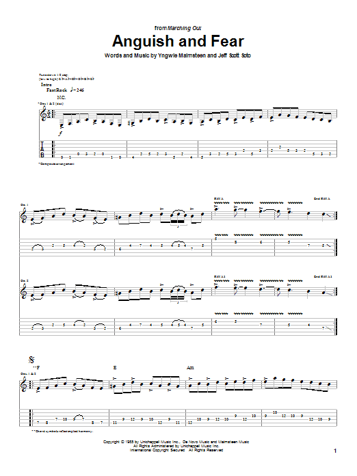 Download Yngwie Malmsteen Anguish And Fear Sheet Music and learn how to play Guitar Tab PDF digital score in minutes
