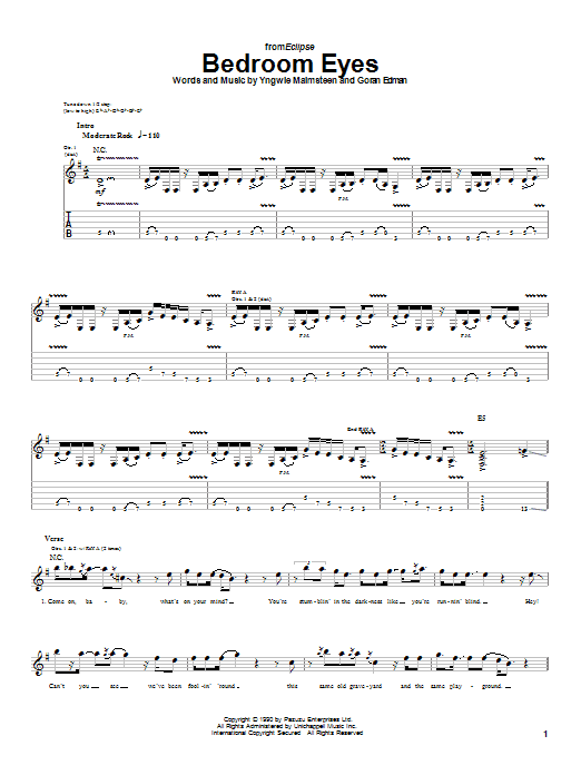 Download Yngwie Malmsteen Bedroom Eyes Sheet Music and learn how to play Guitar Tab PDF digital score in minutes