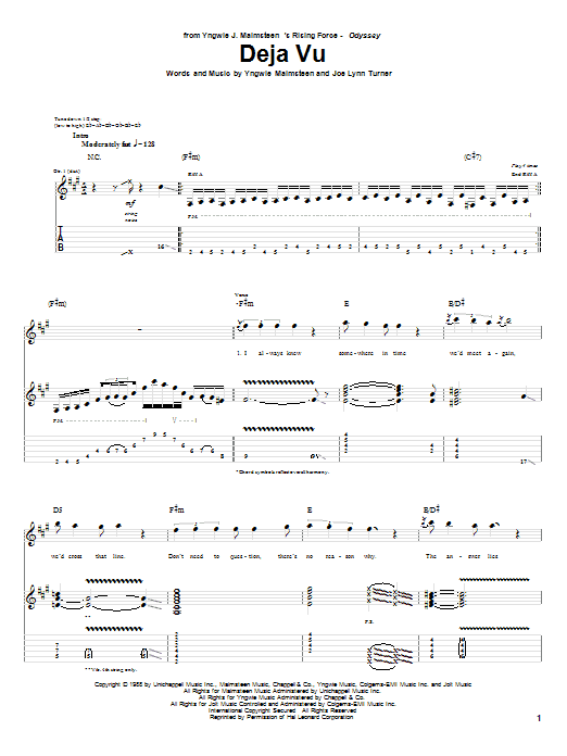 Download Yngwie Malmsteen Deja Vu Sheet Music and learn how to play Guitar Tab PDF digital score in minutes