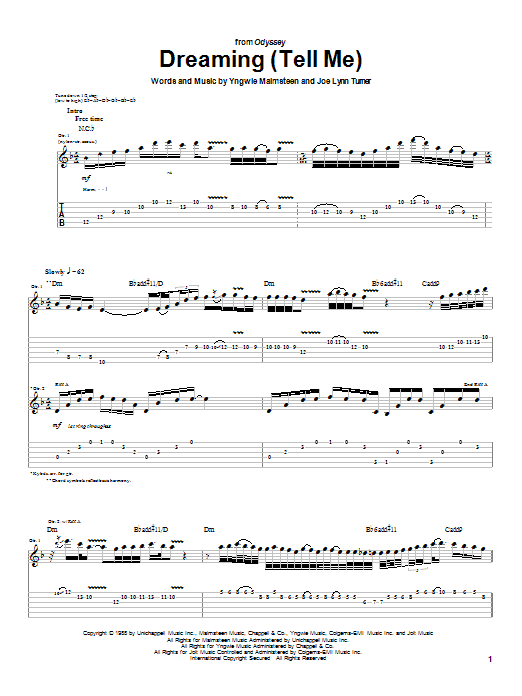 Download Yngwie Malmsteen Dreaming (Tell Me) Sheet Music and learn how to play Guitar Tab PDF digital score in minutes
