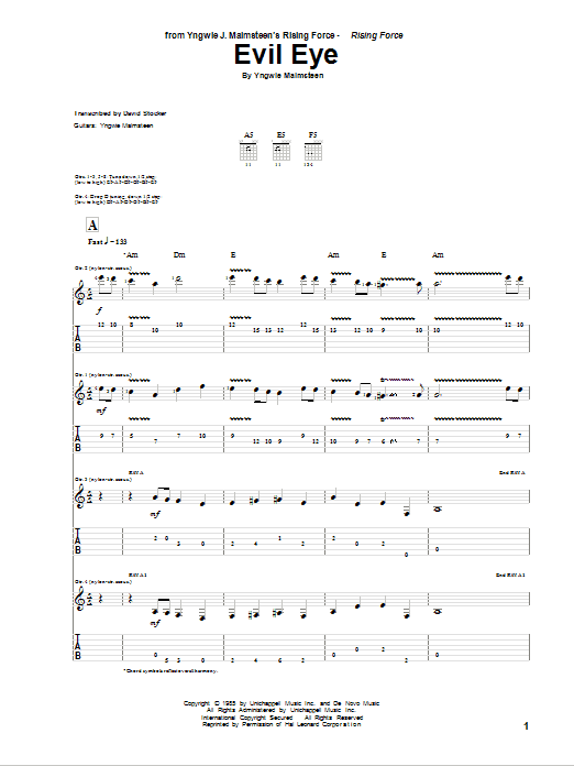 Download Yngwie Malmsteen Evil Eye Sheet Music and learn how to play Guitar Tab PDF digital score in minutes