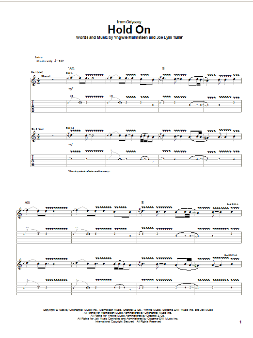 Download Yngwie Malmsteen Hold On Sheet Music and learn how to play Guitar Tab PDF digital score in minutes