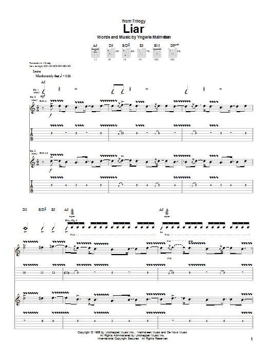 Download Yngwie Malmsteen Liar Sheet Music and learn how to play Guitar Tab PDF digital score in minutes