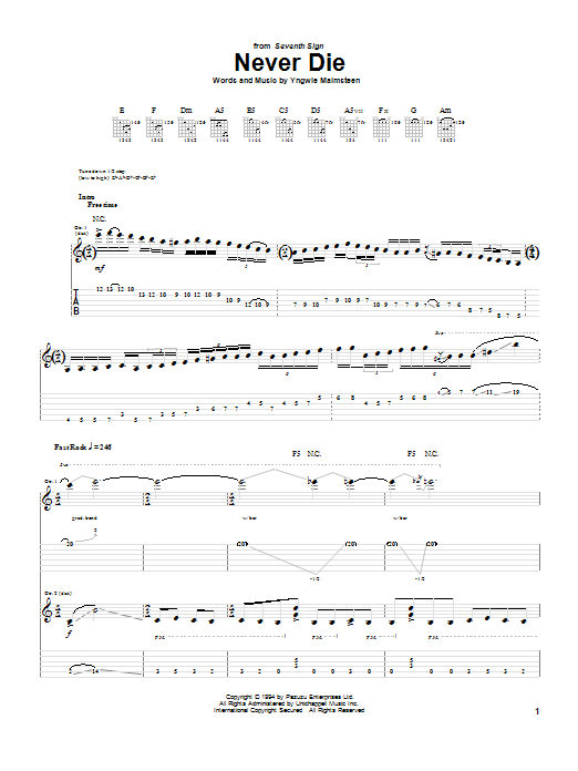 Download Yngwie Malmsteen Never Die Sheet Music and learn how to play Guitar Tab PDF digital score in minutes