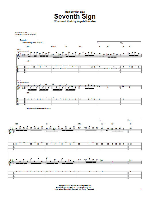 Download Yngwie Malmsteen Seventh Sign Sheet Music and learn how to play Guitar Tab PDF digital score in minutes