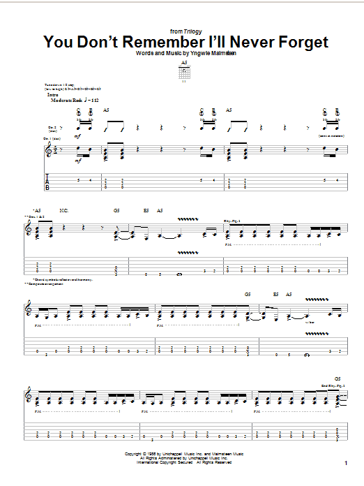 Download Yngwie Malmsteen You Don't Remember I'll Never Forget Sheet Music and learn how to play Guitar Tab PDF digital score in minutes