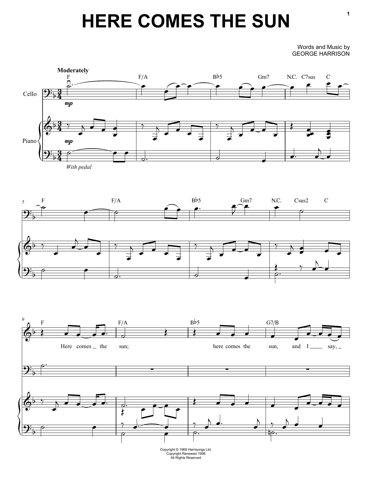 Download Yo-Yo Ma Here Comes The Sun Sheet Music and learn how to play Piano, Vocal & Guitar (Right-Hand Melody) PDF digital score in minutes