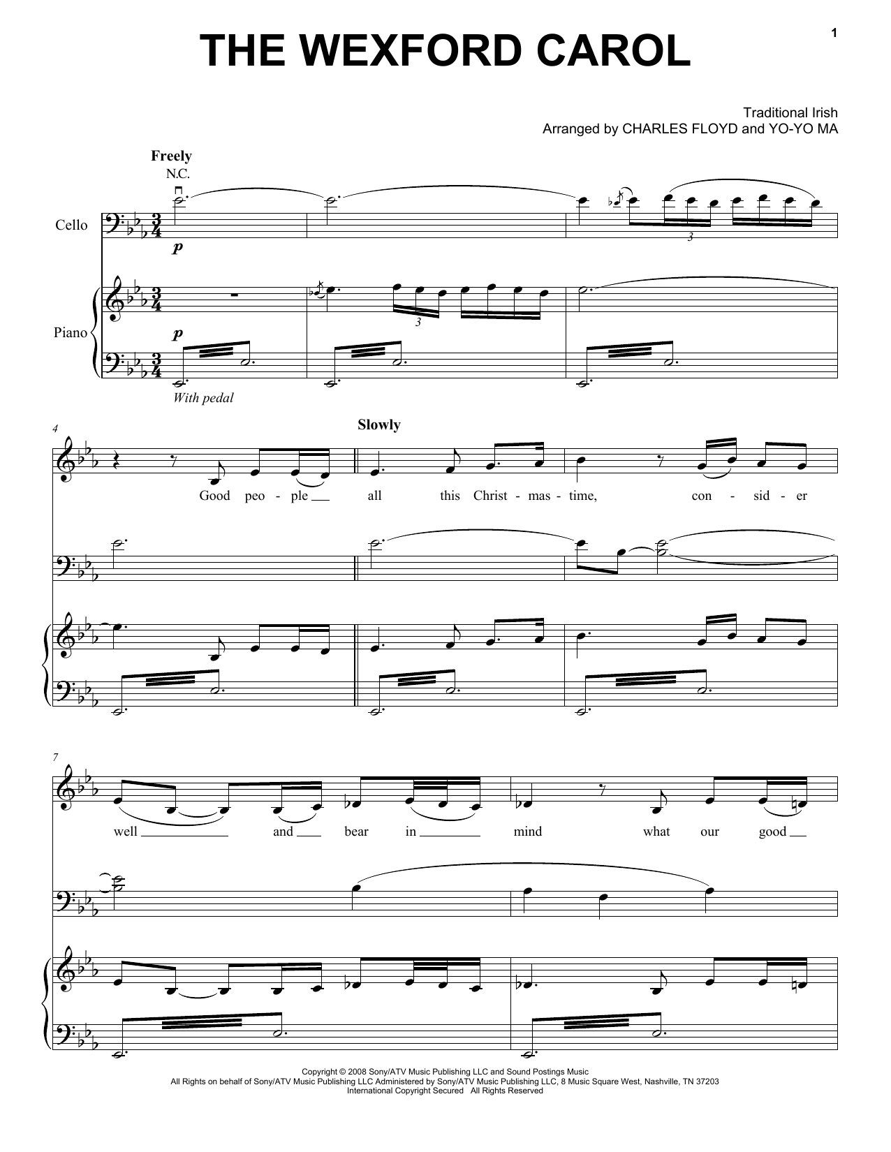 Download Yo-Yo Ma The Wexford Carol Sheet Music and learn how to play Piano, Vocal & Guitar (Right-Hand Melody) PDF digital score in minutes