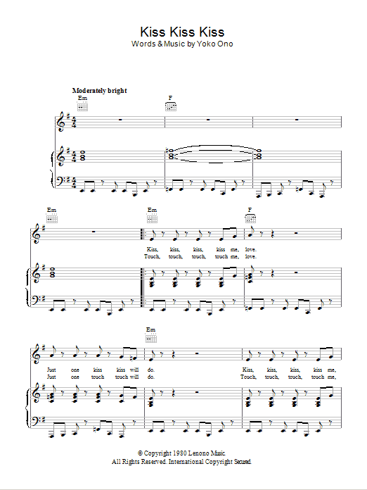 Download Yoko Ono Kiss, Kiss, Kiss Sheet Music and learn how to play Piano, Vocal & Guitar (Right-Hand Melody) PDF digital score in minutes