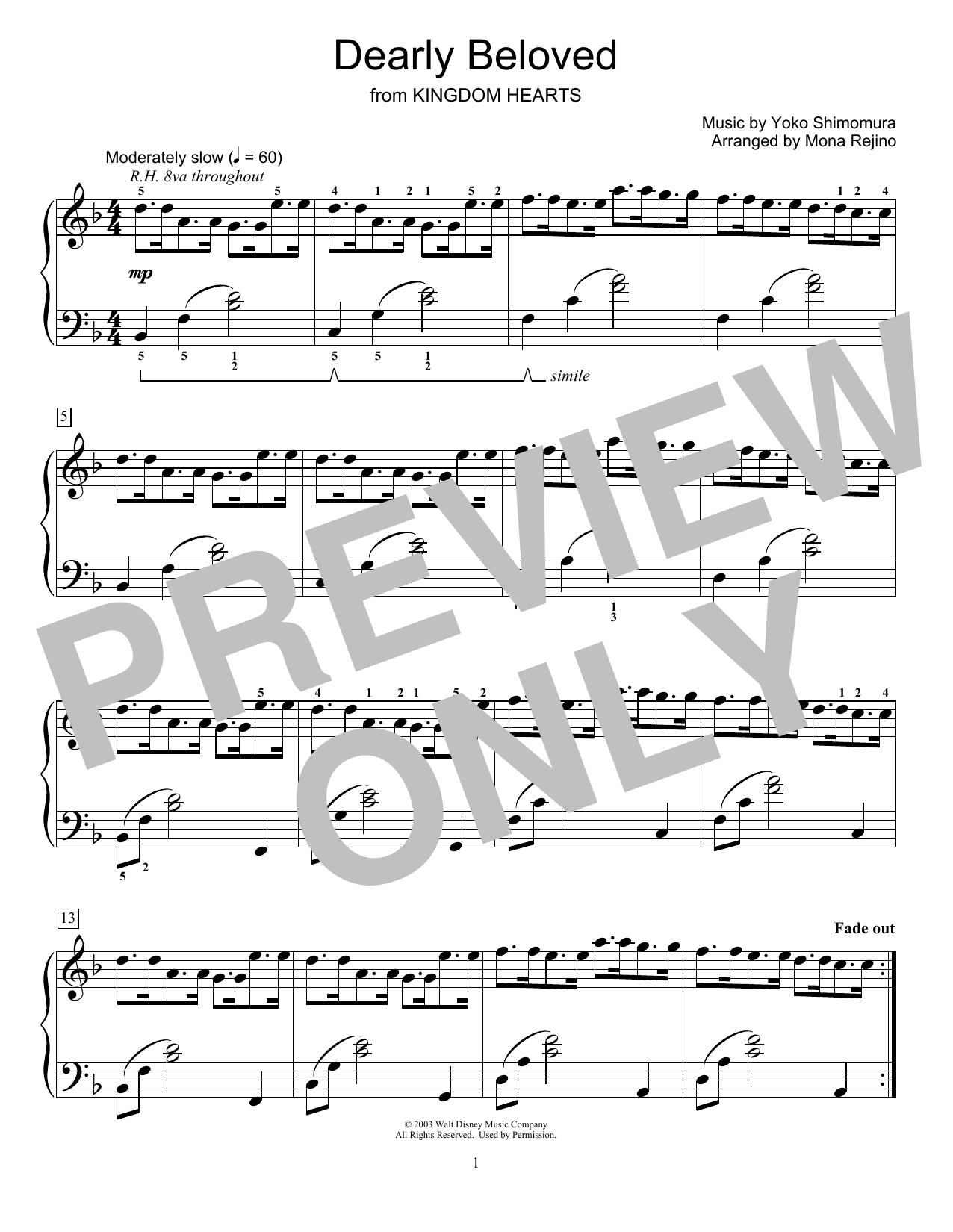 Download Yoko Shimomura Dearly Beloved (from Kingdom Hearts) (arr. Mona Rejino) Sheet Music and learn how to play Educational Piano PDF digital score in minutes