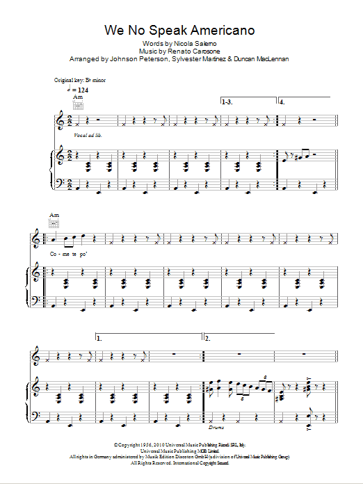 Download Yolanda Be Cool & DCUP We No Speak Americano Sheet Music and learn how to play Piano, Vocal & Guitar (Right-Hand Melody) PDF digital score in minutes