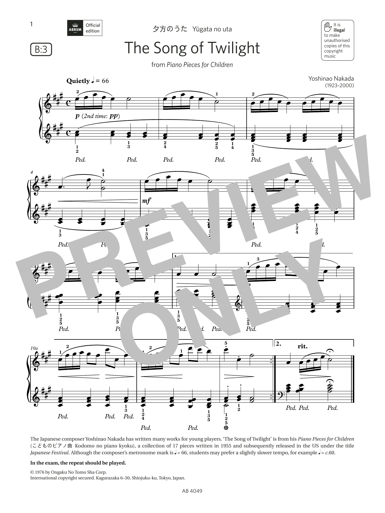 Download Yoshinao Nakada The Song of Twilight (Grade 3, list B3, from the ABRSM Piano Syllabus 2023 & 202 Sheet Music and learn how to play Piano Solo PDF digital score in minutes