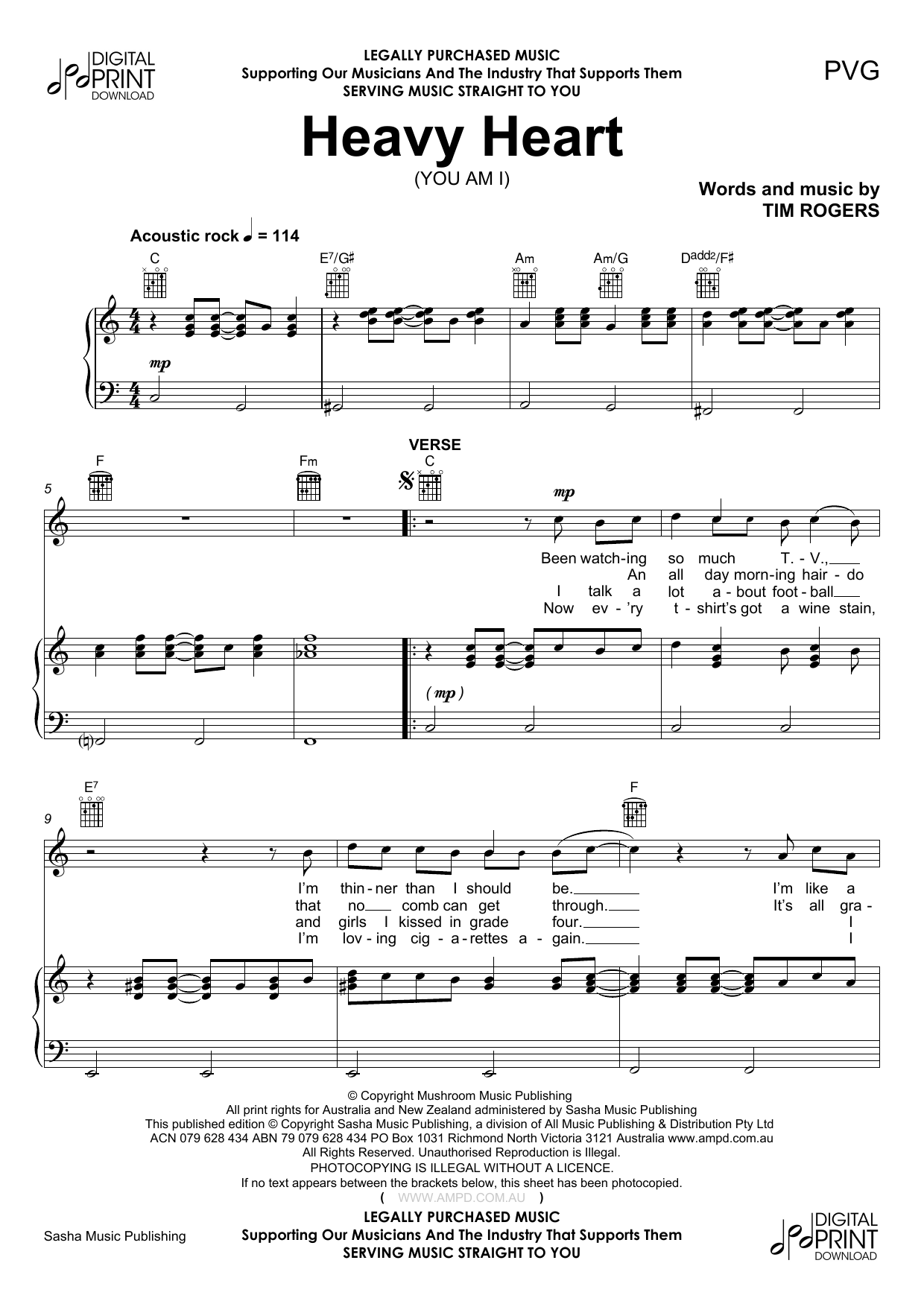 Download You Am I Heavy Heart Sheet Music and learn how to play Piano, Vocal & Guitar (Right-Hand Melody) PDF digital score in minutes