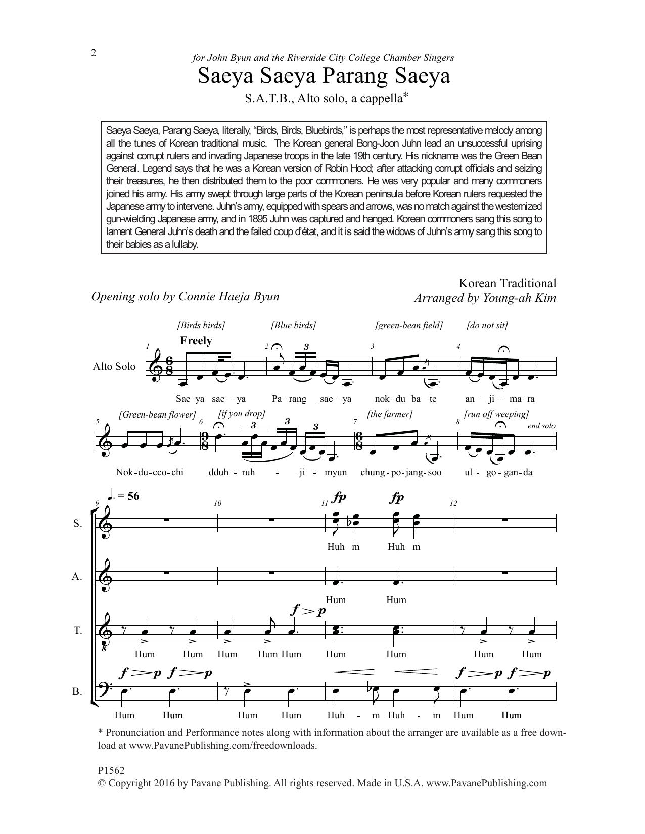 Download Young-Ah Kim Saeya Saeya Parang Saeya Sheet Music and learn how to play SATB Choir PDF digital score in minutes