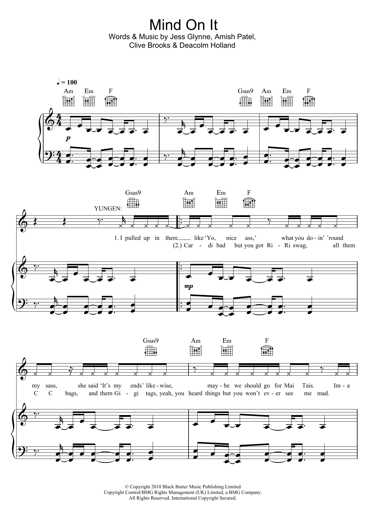 Download Yungen Mind On It (feat. Jess Glynne) Sheet Music and learn how to play Piano, Vocal & Guitar (Right-Hand Melody) PDF digital score in minutes