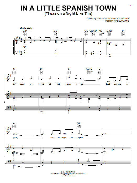 Download Yusef Lateef In A Little Spanish Town ('Twas On A Night Like This) Sheet Music and learn how to play Piano, Vocal & Guitar (Right-Hand Melody) PDF digital score in minutes