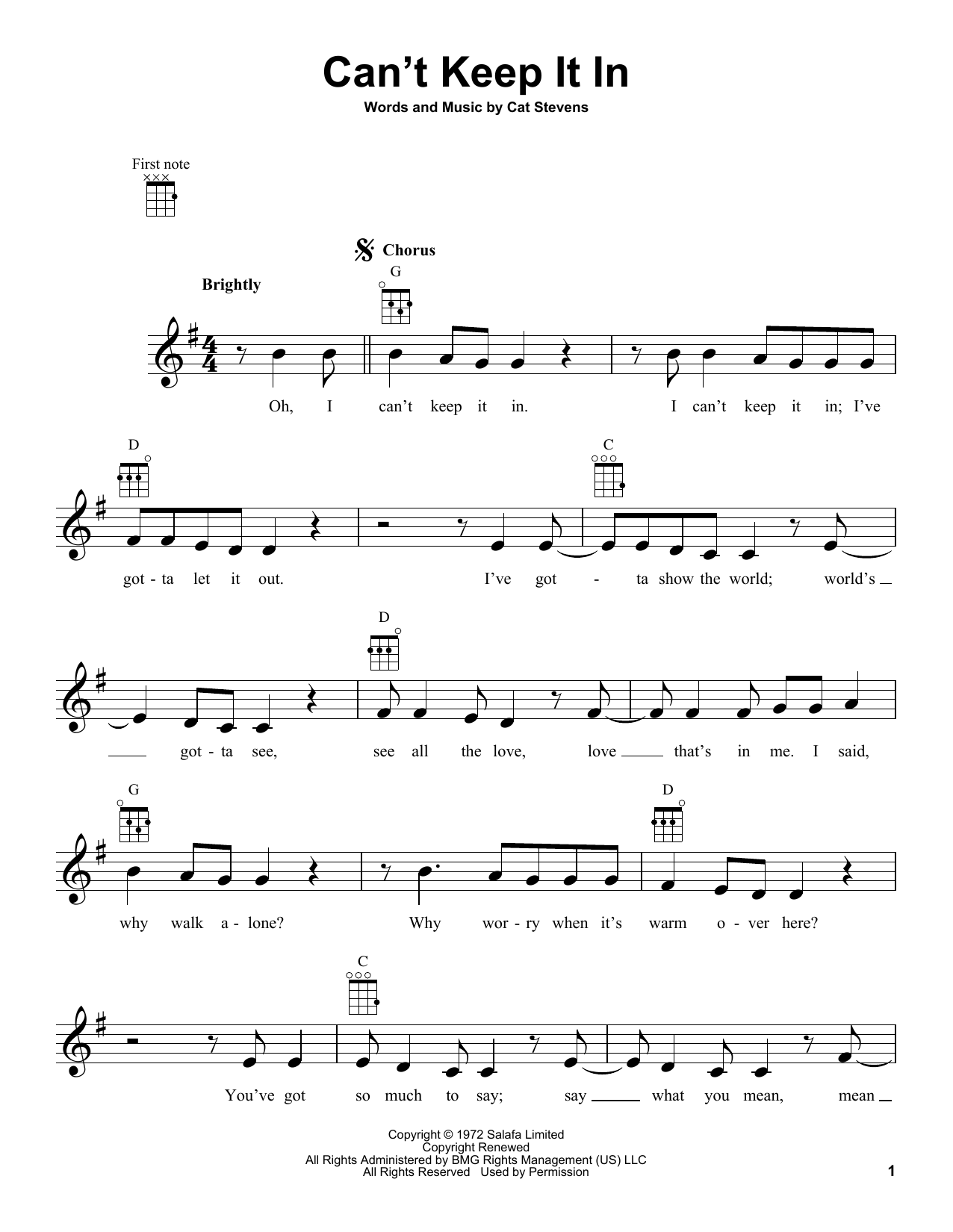 Download Yusuf Islam Can't Keep It In Sheet Music and learn how to play Ukulele PDF digital score in minutes