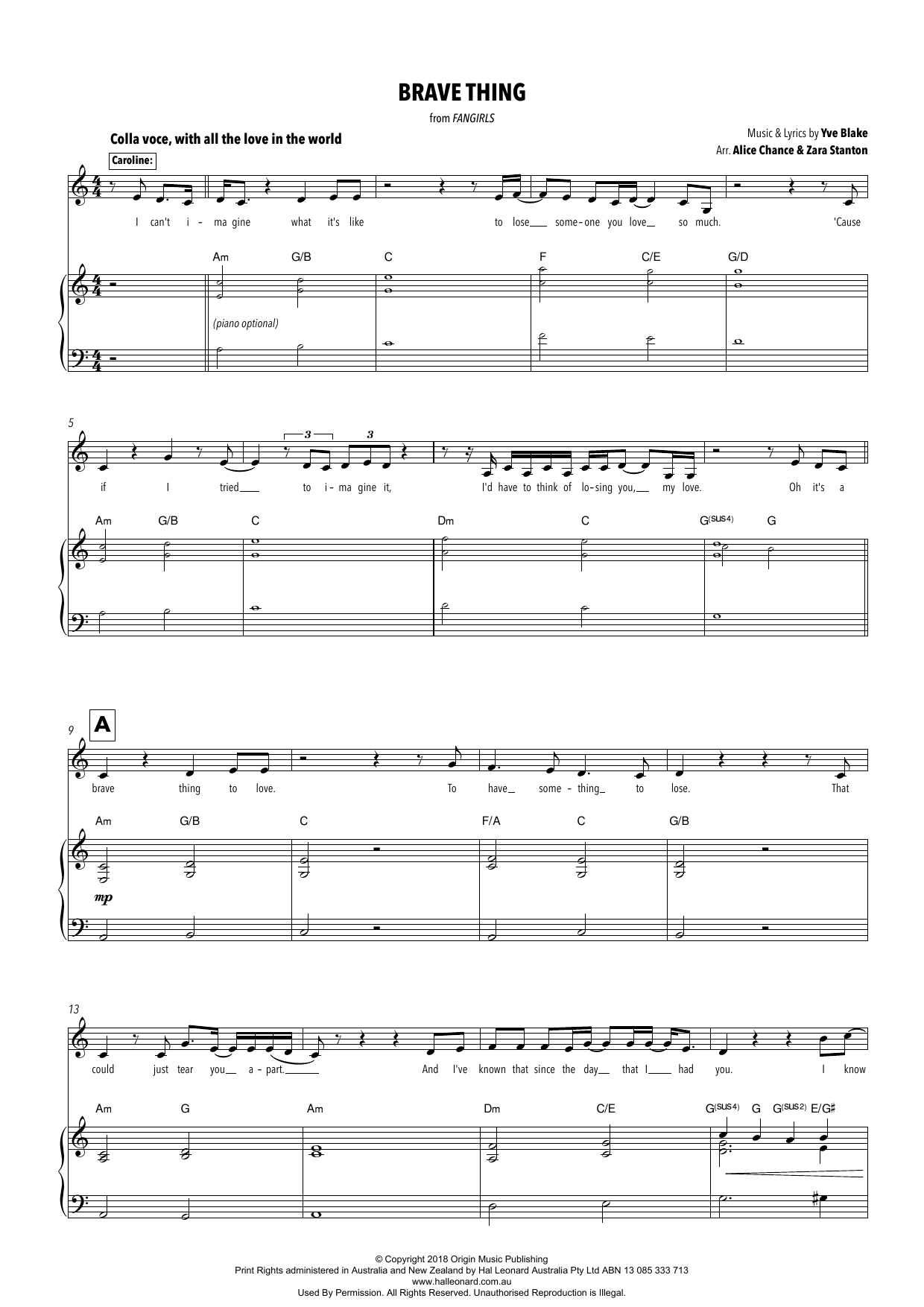 Download Yve Blake Brave Thing (from Fangirls) (arr. Alice Chance and Zara Stanton) Sheet Music and learn how to play Piano & Vocal PDF digital score in minutes
