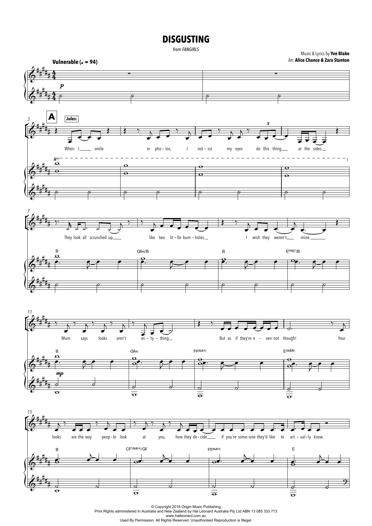 Download Yve Blake Disgusting (from Fangirls) (arr. Alice Chance and Zara Stanton) Sheet Music and learn how to play Piano & Vocal PDF digital score in minutes