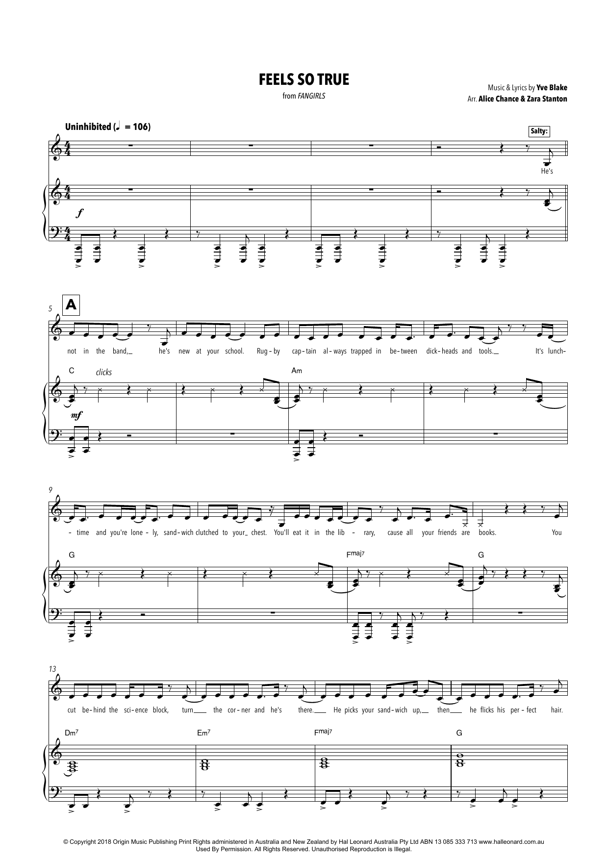 Download Yve Blake Feels So True (from Fangirls) (arr. Alice Chance and Zara Stanton) Sheet Music and learn how to play Piano & Vocal PDF digital score in minutes