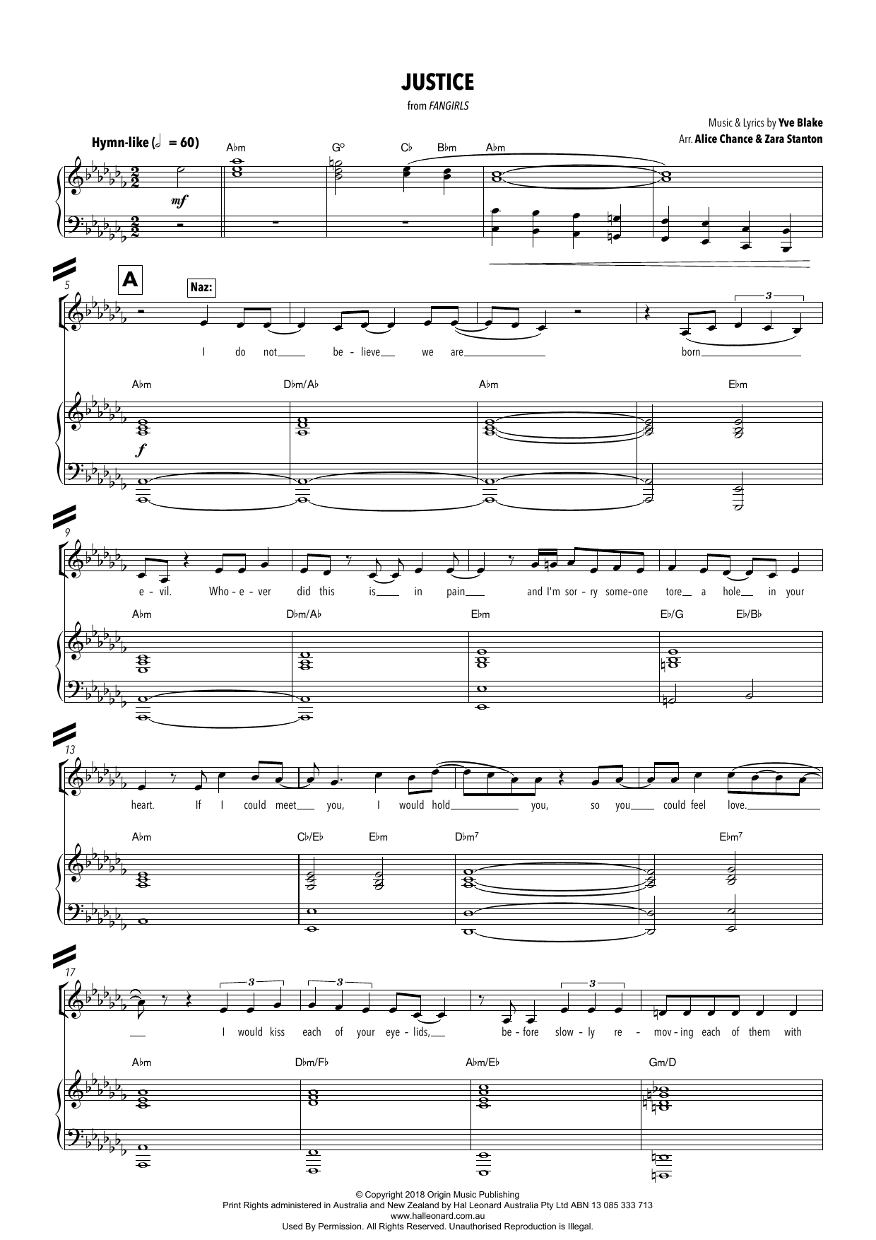 Download Yve Blake Justice (from Fangirls) (arr. Alice Chance and Zara Stanton) Sheet Music and learn how to play Piano & Vocal PDF digital score in minutes