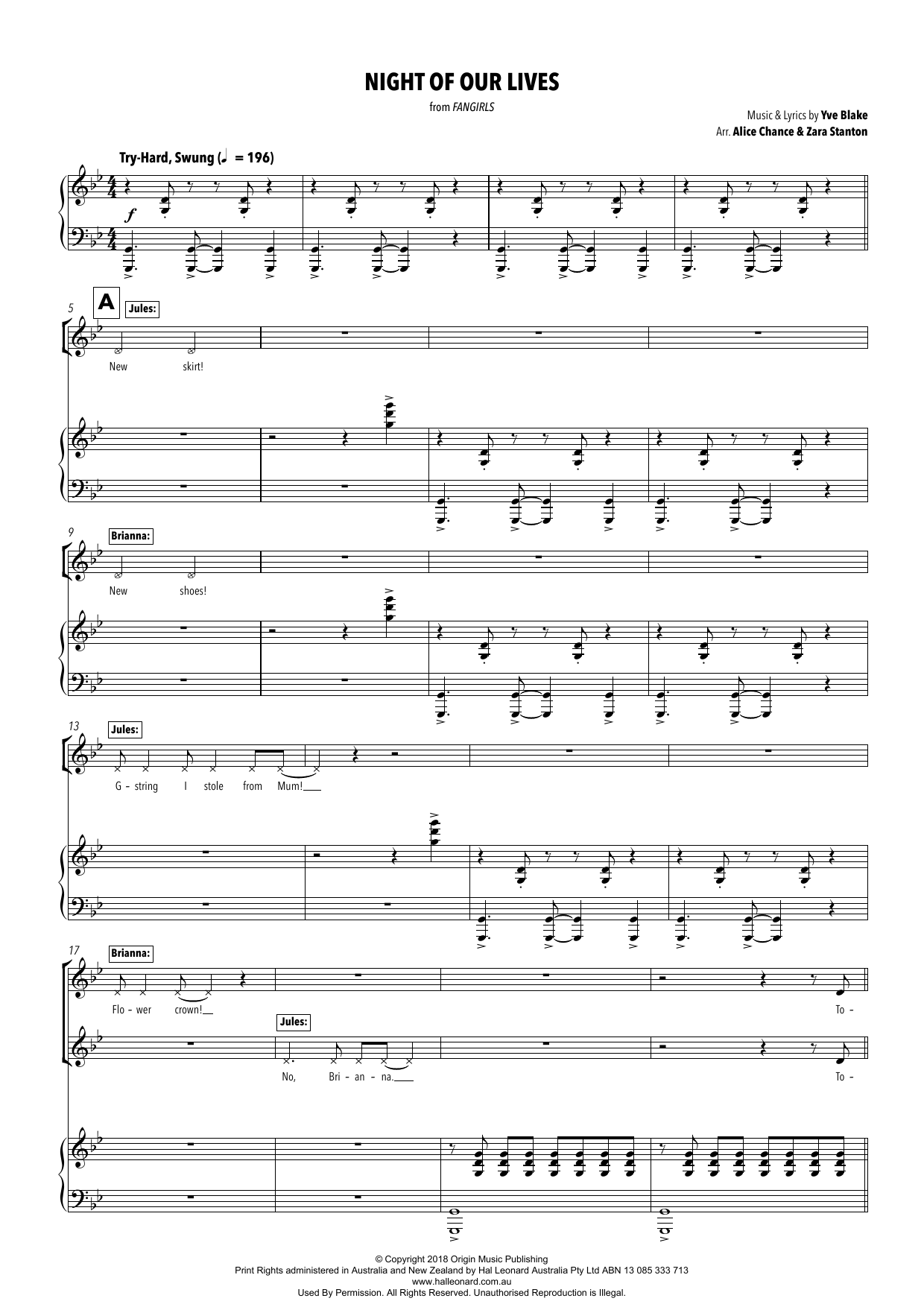 Download Yve Blake Night Of Our Lives (from Fangirls) (arr. Alice Chance and Zara Stanton) Sheet Music and learn how to play Piano & Vocal PDF digital score in minutes