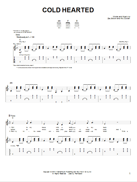 Download Zac Brown Band Cold Hearted Sheet Music and learn how to play Easy Guitar PDF digital score in minutes