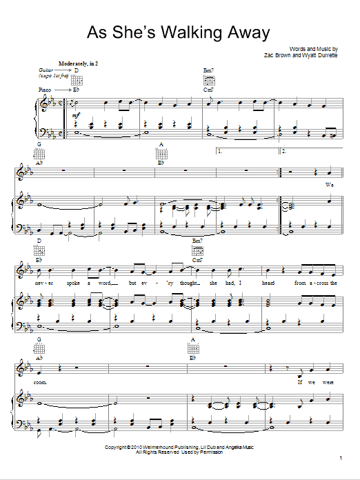 Download Zac Brown Band As She's Walking Away (feat. Alan Jackson) Sheet Music and learn how to play Easy Guitar Tab PDF digital score in minutes