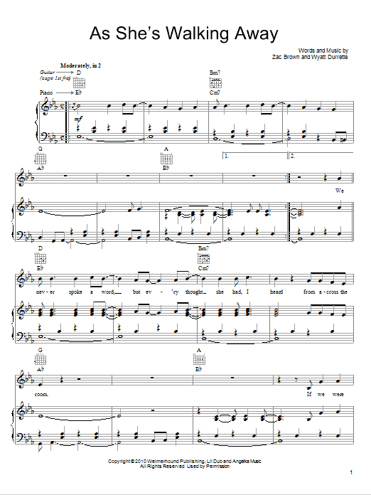 Download Zac Brown Band As She's Walking Away (feat. Alan Jackson) Sheet Music and learn how to play Piano, Vocal & Guitar (Right-Hand Melody) PDF digital score in minutes