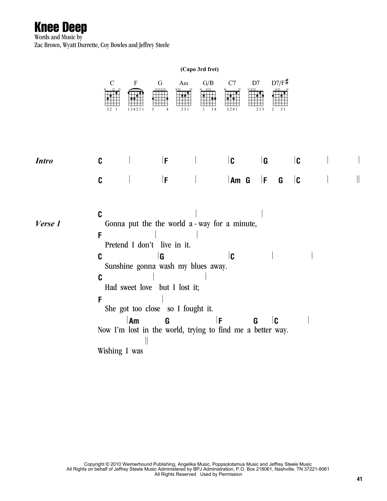 Download Zac Brown Band featuring Jimmy Buffett Knee Deep Sheet Music and learn how to play Lyrics & Chords PDF digital score in minutes