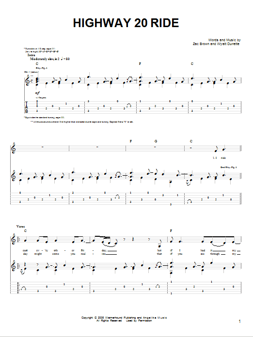 Download Zac Brown Band Highway 20 Ride Sheet Music and learn how to play Easy Guitar PDF digital score in minutes