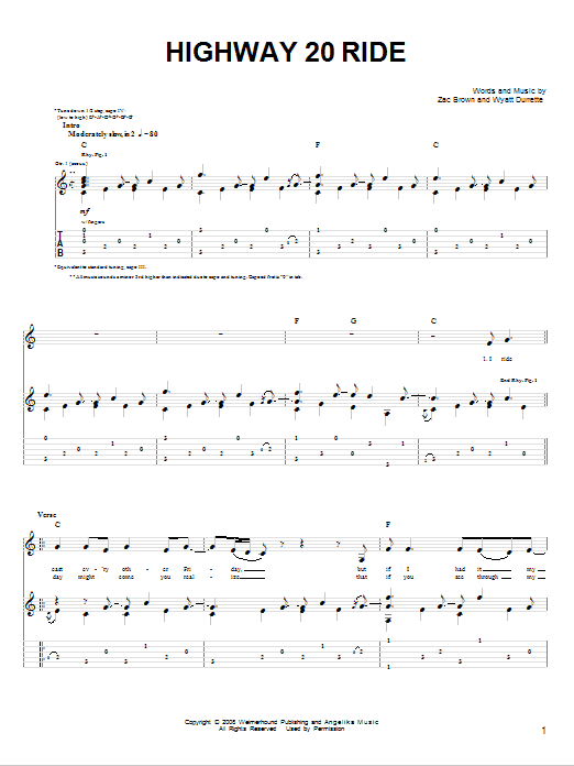 Download Zac Brown Band Highway 20 Ride Sheet Music and learn how to play Piano, Vocal & Guitar (Right-Hand Melody) PDF digital score in minutes