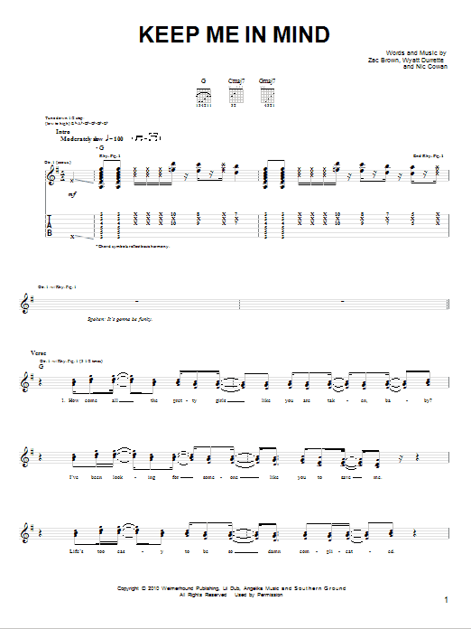 Download Zac Brown Band Keep Me In Mind Sheet Music and learn how to play Piano, Vocal & Guitar (Right-Hand Melody) PDF digital score in minutes