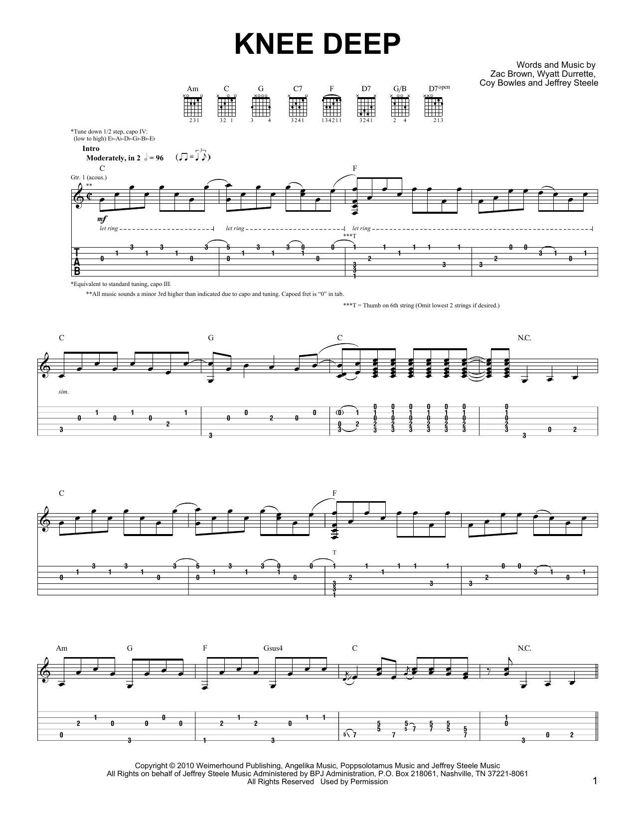 Download Zac Brown Band Knee Deep Sheet Music and learn how to play Piano, Vocal & Guitar (Right-Hand Melody) PDF digital score in minutes