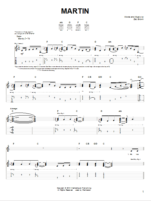 Download Zac Brown Band Martin Sheet Music and learn how to play Easy Guitar PDF digital score in minutes